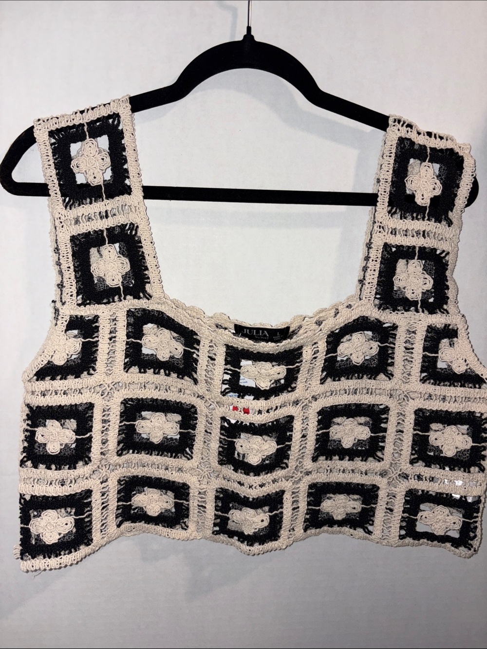 Crochet Square-Panel Crop Top in Black and Cream